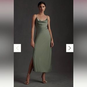 BHLDN Cali Satin Cowl-Neck Midi Slip Dress - Moss Color - Size 0